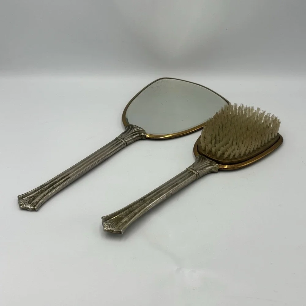 Vintage Victorian Style‎ Vanity Hand Mirror And Brush Set Silver and Gold Tone